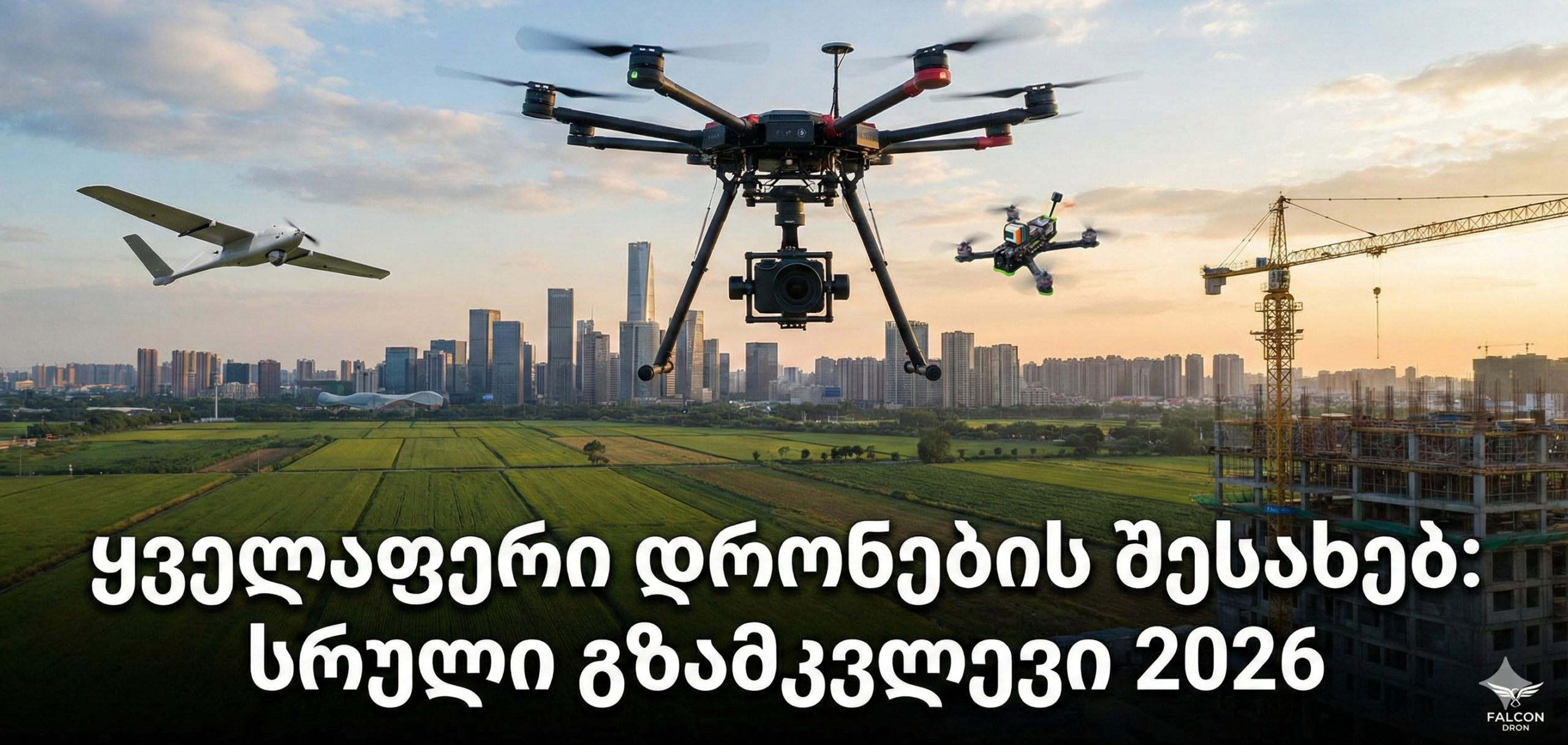 Different Types of Drones: Multirotor, FPV, and Fixed-Wing Against a City and Construction Background. Falcon Dron Blog Cover for the 2026 Guide.