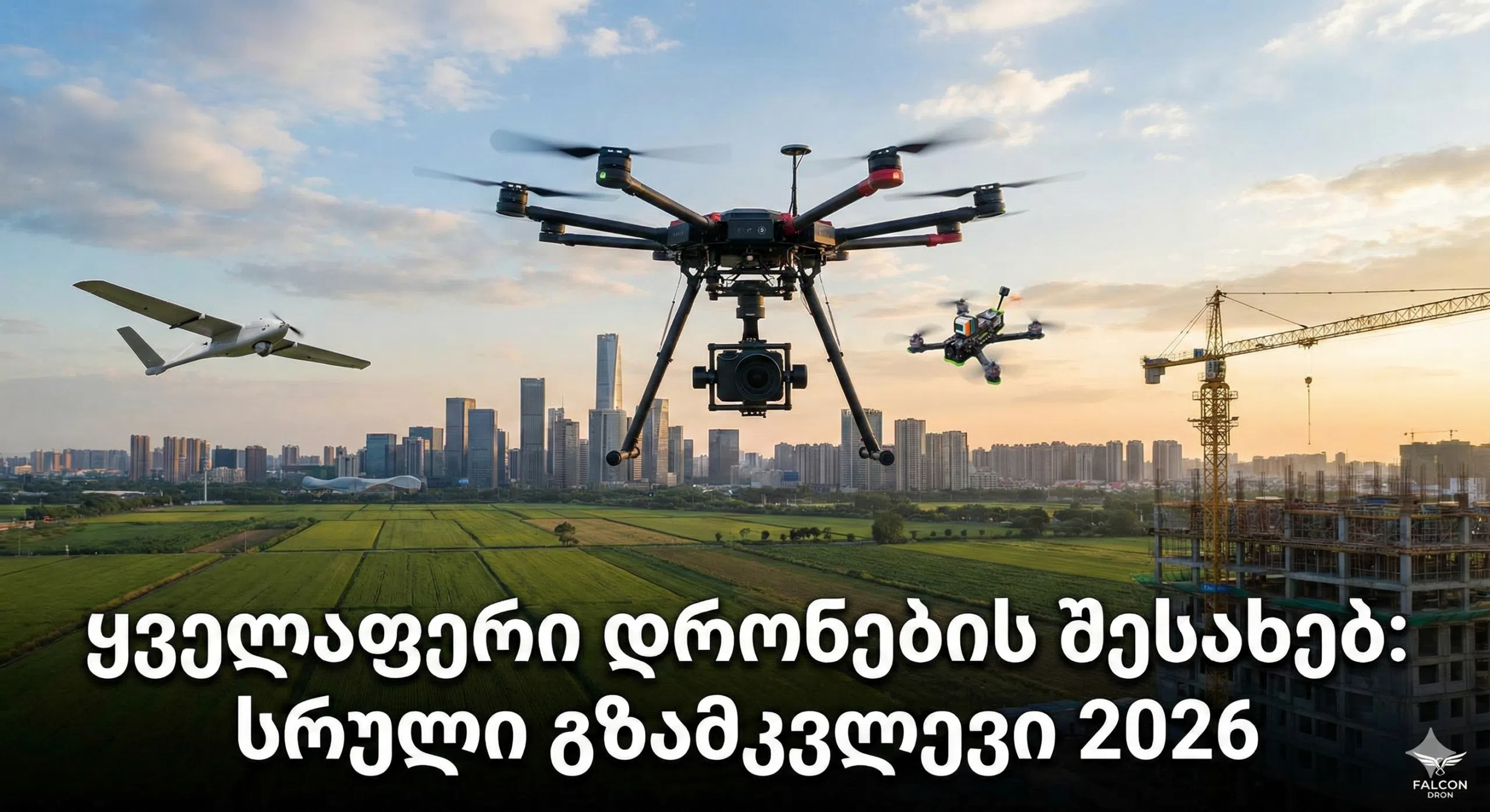 სხვადასხვა ტიპის დრონები: მულტიროტორი, FPV და ფიქს-ვინგი ქალაქისა და სამშენებლო ფონზე. Falcon Dron-ის ბლოგის გარეკანი 2026 წლის გზამკვლევისთვის.